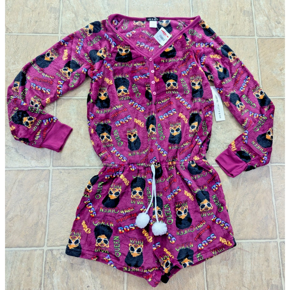 New Em & Alfie sz L jrs One Piece Romper Sleep plush pajama 1094